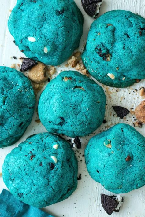 Cookie Monster Cookies - CPA: Certified Pastry Aficionado Blue Monster Cookies, Cookies Monster, Blue Cookie Monster Cookies, Cookie Monster Cookies Recipe, Cookie Monster Cookies, Monster Cookie Bars, Oreo Stuffed Chocolate Chip Cookies, Monster Cookies Recipe, Ultimate Chocolate Chip Cookie