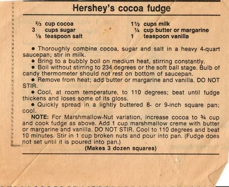 Hersheys Cocoa Fudge Recipe, Hershey Cocoa Fudge Recipe, Hershey's Old Fashioned Fudge Recipe, Hershey Fudge Recipe, Mocha Fudge Recipes, Old Recipes Vintage, Old Fashion Fudge Recipes, Hersheys Cocoa Fudge, Cocoa Fudge