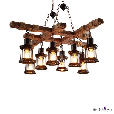 8-Light Hanging Ceiling Lights Lodge Wood and Iron Rope Pendant Hanging Lights in Black for Coffee Shop - Beautifulhalo.com Kitchen Illumination, Lustre Industrial, Chandelier Farmhouse, Lustre Vintage, Wood Lamp Shade, Island Light Fixtures, Wooden Chandelier, Lantern Chandelier, Farmhouse Pendant Lighting