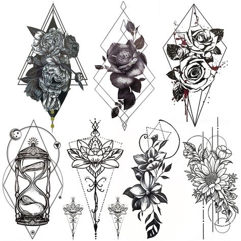 Flower Tattoos Black And White, Flower Tattoos Black, 3d Flower Tattoos, Tattoos Black And White, Geometric Rose Tattoo, Geometric Flower Tattoo, Wrist Tattoo Cover Up, Diamond Tattoos, Geometric Tattoo Design