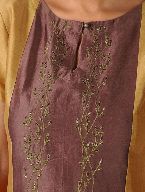 Buy Mustard Brown Hand embroidered Chanderi Kurta Women Kurtas Online at Jaypore.com Gotapatti Work, Grey Kurta, Kurta Women, Salwar Neck Designs, Embroidery Suits Punjabi, Kurti Sleeves Design, Hand Embroidery Dress, Embroidery On Kurtis, Neck Designs For Suits