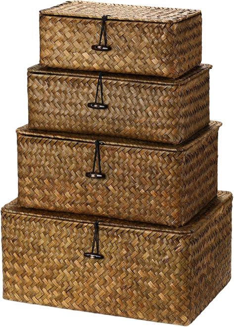 Amazon.com: Woanger Set of 4 Seagrass Basket with Lids Rattan Wicker Storage Basket Handwoven Decorative Storage Boxes with Lids Multipurpose Woven Basket Bins for Shelf Closet (Retro Color) : Home & Kitchen Shelf Closet, Wicker Box, Storage Baskets With Lids, Rectangular Baskets, Wicker Storage, Decorative Storage Boxes, Seagrass Basket, Wicker Baskets Storage, White Wicker