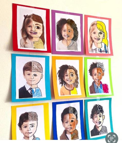 Preschool Art Gallery Ideas, Art Gallery Preschool, Split Face Self Portrait, Half Photo, Face Portraits, Self Portrait Art, Camp Crafts, Therapeutic Art, Kids Art Class