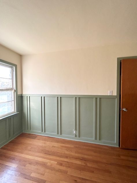 Wall Panelling Around Window, Green Wall With Wainscoting, Two Tone Sage Walls, Green Board And Batten Nursery, Half Green Wall, Shiplap Half Wall, Green Wainscoting, Half Wall Paneling Ideas, Green Beadboard