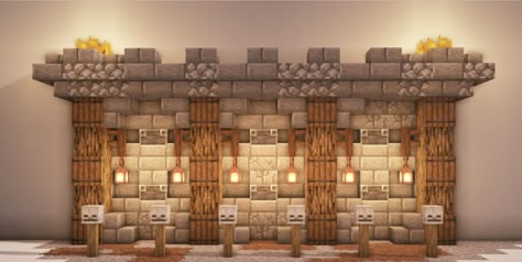 We can use blackstone and dark oak/spruce instead if stone brick and oak. Minus the skulls and you have a nice indoor wall design. Minecraft Dark Oak Wall Designs, Stone Wall Minecraft Ideas, Dark Oak Wall Minecraft, Spruce Wall Design Minecraft, Blackstone Wall Minecraft, Wood Wall Minecraft, Spruce Walls Minecraft, Minecraft Spruce Wall Design, Stone Wall Design Minecraft