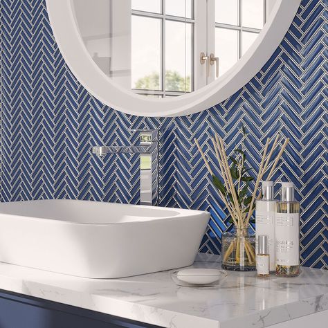 Herringbone Tile Fireplace, Blue Herringbone Tile, Backsplash Herringbone, Herringbone Mosaic Tile, Blue Subway Tile, Blue Glass Tile, Mosaic Tile Sheets, Shower Wall Tile, Herringbone Backsplash