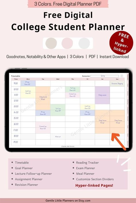 Free Student Planner Digital for College Organization | Goodnotes Study Planner Template University Timetable, Free Student Planner, Study Timetable Template, Study Planner Template, College Student Organization, Student Daily Planner, School Planner Template, University Planner, Exam Planner