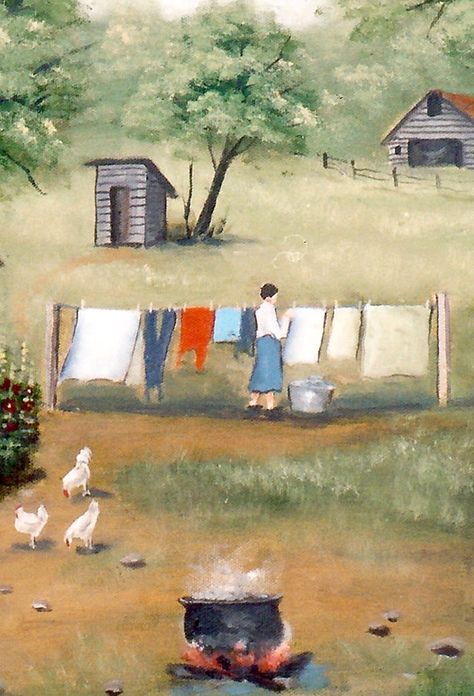 Country Memories Old House Flowers Chickens Laundry Day Farmer Painting, Painting Folk Art, Dollhouse Art, Laundry Art, Painted Pictures, Old Well, Day Clothes, House Flowers, Primitive Painting