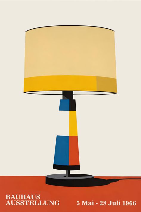 Embrace the timeless elegance of Bauhaus design with this captivating vintage poster from the 1966 Bauhaus Exhibition. This collectible art print features a striking mid-century modern table lamp illustration, renowned for its geometric simplicity and bold color contrast. Perfect for aficionados of classic design and collectors of historical artworks, this poster brings a touch of sophistication to any interior. Table Lamp Illustration, Lamp Illustration, Modern Table Lamp Design, Bauhaus Lamp, Bauhaus Exhibition, Bauhaus Architecture, Mid Century Modern Table Lamps, Stainless Steel Art, String Wall Art