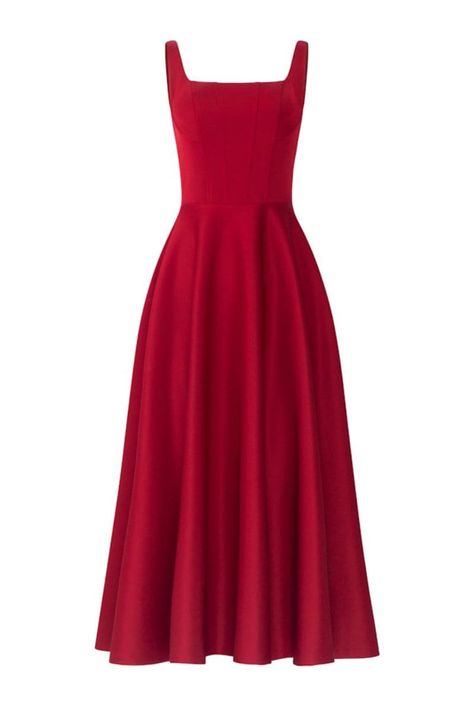 LILIANA RED TAFFETA U-LINE DRESS | 21Six | CULT MIA Red Dress Mid Length, U Neck Dress, Simple Red Dress Casual, Red Office Dress, Romantic Body Type Outfit, Red Dress Midi, Red Flare Dress, Red A Line Dress, Happy Clothes