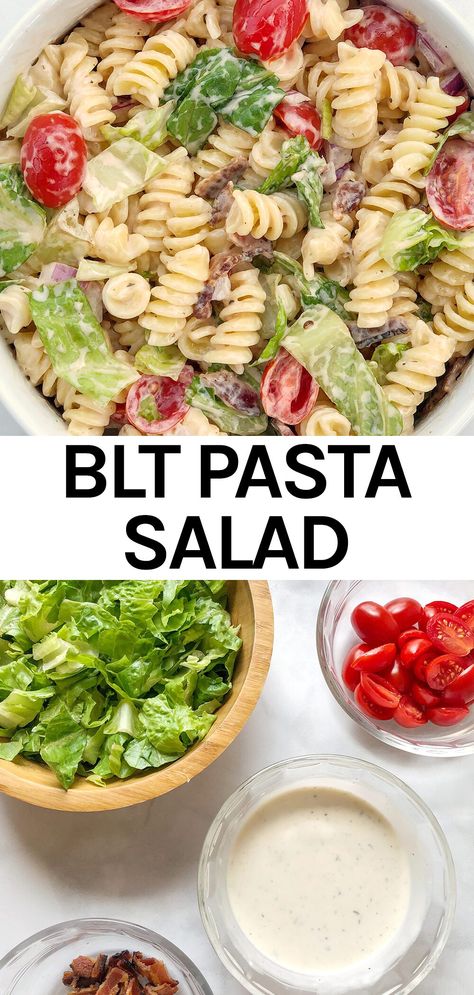 Dairy Free & Egg Free BLT Pasta Salad (With Lettuce) - The Urben Life Allergy Friendly Potluck Recipes, Pasta Salad With Lettuce, Easy Blt Pasta Salad, Gluten Free Pasta Salad Recipes, Potluck Bbq, Salad With Lettuce, Gluten Free Pasta Salad, Salad Recipes Gluten Free, Dairy Free Lunch