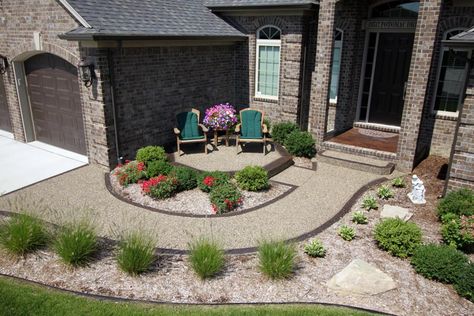 Concrete Romeo Mi Front Yard Outdoor Living Space, Front Entry Landscaping, Aggregate Patio, Exposed Aggregate Concrete, Yard Remodel, Aggregate Concrete, Front Yard Patio, Front Yards Curb Appeal, Court Yard