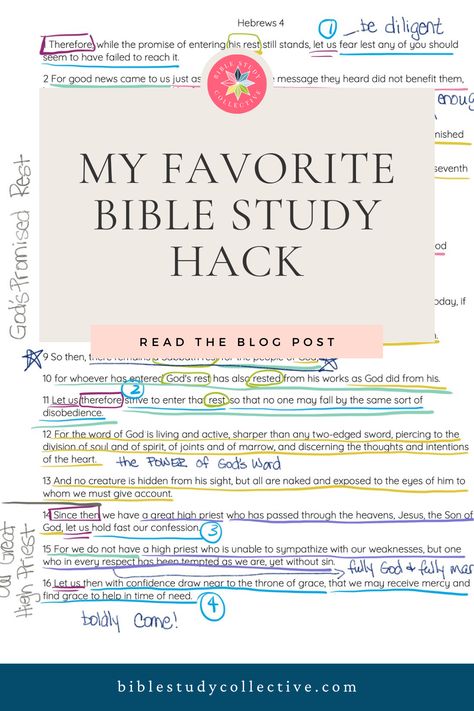 My Favorite Bible Study Hack | Bible Study Collective | I love to highlight and take notes in my Bible as I study. But sometimes, I want to study the passage again and discover new insights that I might have missed the first time around. That's why I've adopted a simple yet effective Bible study hack that totally solves the problem! Check it out on the blog today! Personal Bible Study Ideas, Quick Bible Study, Inductive Bible Study Method, Bible Study Hacks Tips, Simple Bible Note Taking, How To Write A Bible Study, Bible Study Cheat Sheet, Taking Notes In Bible, Best Study Bibles