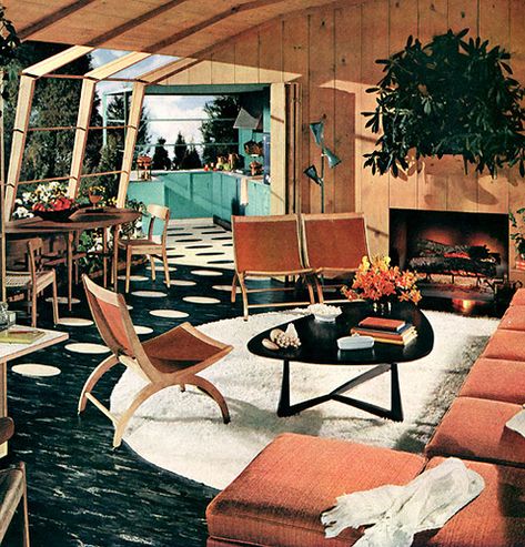 Mid Century Home with giant polka dot linoleum floors Porche Vintage, 50s Home Decor, 50s Home, 50s Decor, 1950s Decor, Mid Century Interior, Mid Century Living, Mid Century Living Room, Mid Century Modern Living