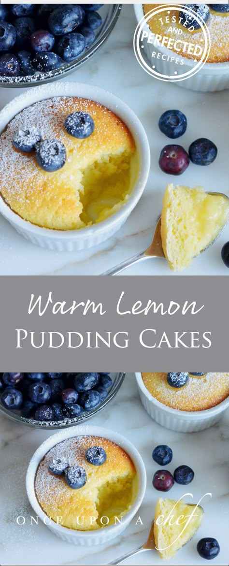 Warm Lemon Pudding Cakes-dble for 9 X 13 Chef Desserts, Ramekin Recipe, Pudding Cakes, Lemon Pudding Cake, Dessert Oreo, Cake Light, Coconut Dessert, Lemon Pudding, Chow Mein