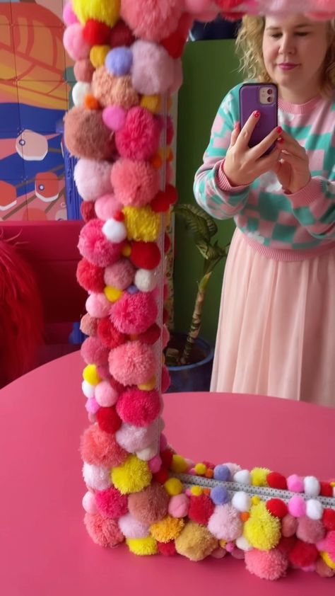 Colorful Mirror Frame Diy Projects, Cool Mirror Ideas Diy, Mirror Transformation Diy, Pompom Mirror, Mirror Diy Frame Ideas, Aba Center, Clay Flower Mirror, Pom Pom Mirror, Air Dry Clay Charms