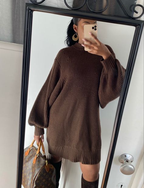 Brown dramatic sleeve jumper dress #fallfashion #autumnstyle #jumperdress #style #winter Jumper Dress And Boots, Brown Jumper Dress, Cable Knit Jumper Dress, Knit Jumper Dress, Wooly Jumper, Brown Jumper, Dramatic Sleeves, Knitted Jumper Dress, Winter Jumpers