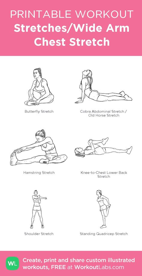 Stretches/Wide Arm Chest Stretch | Printable workouts, Workout warm up, Workout Arm And Chest Stretches, Warm Up Workout, Abdominal Stretches, Chest Stretches, Butterfly Stretch, Workout Gym Routine, Arm Stretches, Low Back Stretches, Hamstring Stretch