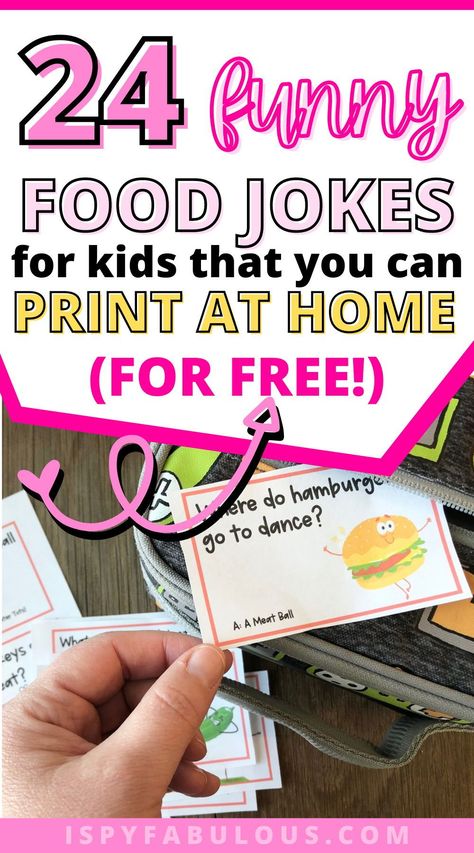 Kids love jokes and these food jokes will get them giggling! Slip them into their lunches for a little surprise or just share them and see the smiles on their faces. 24 printable food jokes you can print and use for free. Funny Food Jokes, Love Jokes, Food Jokes, Printable Food, Toddler Lunches, Funny Food, Fun Printables, Outdoor Activities For Kids, Easy Activities