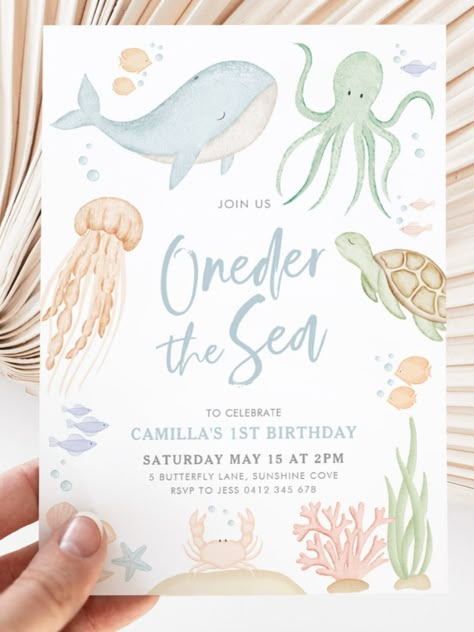 Oneder The Sea 1st Birthday, Oneder The Sea, Ocean Baby Showers, Under The Sea Birthday Party, Ocean Birthday Party, Animal Birthday Invitation, Boy Shower Invitations, Ocean Birthday, Under The Sea Birthday