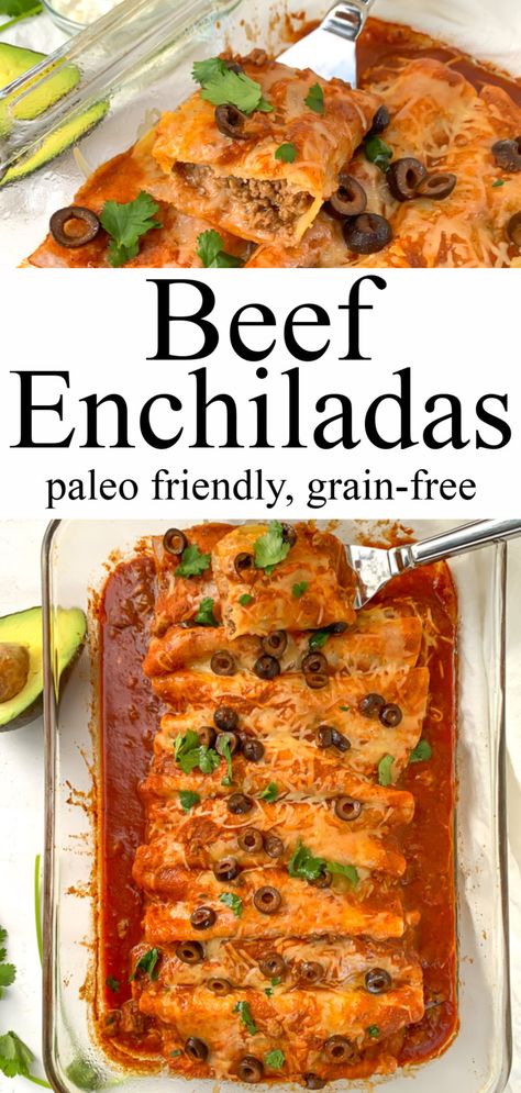 Dairy Free Enchiladas, Grain Free Tortillas, Enchiladas Beef, Green Chile Enchiladas, Ground Beef Enchiladas, Dairy Free Dinner, Paleo Beef, Red Enchilada Sauce, Beef Enchiladas