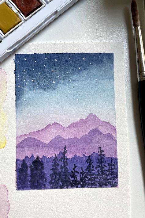 It has been a while since I painted this watercolor. I like this color combination of purple and blue. Blue And Purple Drawings, Blue And Purple Painting Ideas, Purple Watercolor Painting, Purple Painting Aesthetic, Purple And Blue Painting, Painting Ideas Purple, Analogous Painting, Purple Painting Ideas, Purple Sky Painting