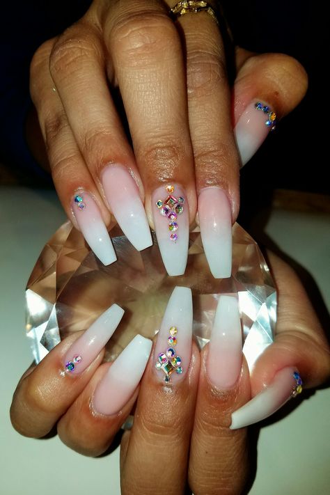 French ombré coffin nails with rhinestones French Ombre Nails With Rhinestones, Ombre Nails With Jewels, Coffin Nails With Gems, Ombre Nails With Rhinestones, Ombré Coffin, French Tip Nails Ombre, Ballerina Nail, Nails With Rhinestones, Ombré Nails