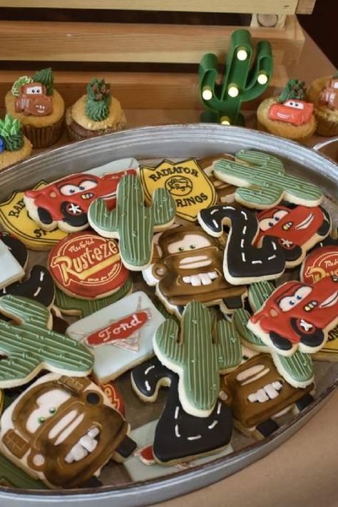 Check out this awesome Lightning McQueen birthday party! The cookies are fab! See more party ideas and share yours at CatchMyParty.com Pixar Cars Two Fast Birthday, Two Fast Lightning Mcqueen Birthday, Disney Cars First Birthday Party, Cars Cookies Disney, Cars Second Birthday Theme, Lightning Mcqueen 3rd Birthday, Cars Pixar Birthday Party Ideas, Tow Mater Birthday Party, Lighting Mcqueen Birthday Party Ideas