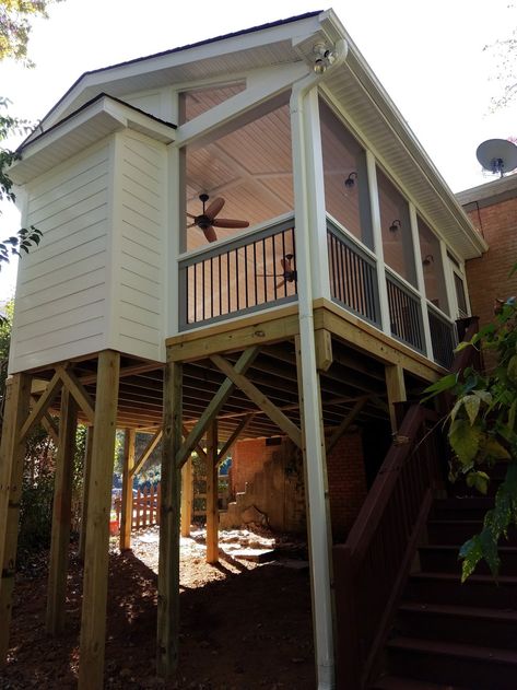 Screened Porch With Fireplace, Porch With Fireplace, Sherwin Williams Stain, Old French Doors, Screen Patio, Vent Free Gas Fireplace, Recessed Can Lights, Covered Patio Design, Screened Porch Designs