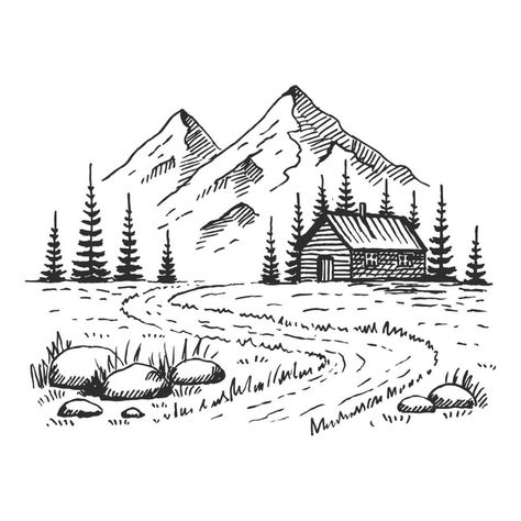 Mountain Landscape Drawing, Berg Tattoo, Forest Sketch, Pine Tree Drawing, Mountain Wood Art, Mountain Sketch, Forest Drawing, Mountain Drawing, Nature Art Drawings