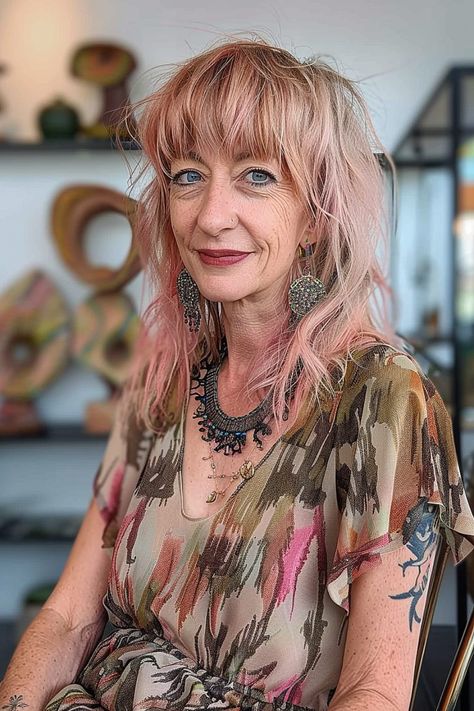 Chic Shag Haircuts for Women Over 50 in 2024 Layered Shag With Fringe, Blended Layers, Feathered Fringe, Shag Haircuts For Women, Long Hair Older Women, Edgy Hair Color, Rocker Hair, Side Bangs Hairstyles, Shades Of Cool