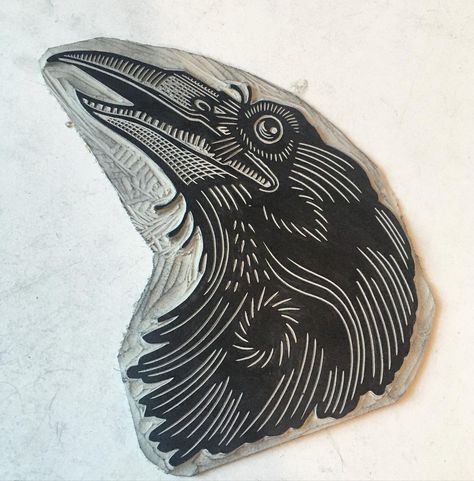 Lino Print Illustration, Hawk Linocut, Animal Lino Print, Linocut Crow, Bat Linocut, Crow Linocut, Halloween Linocut, Pattern Linocut, Carving Linoleum