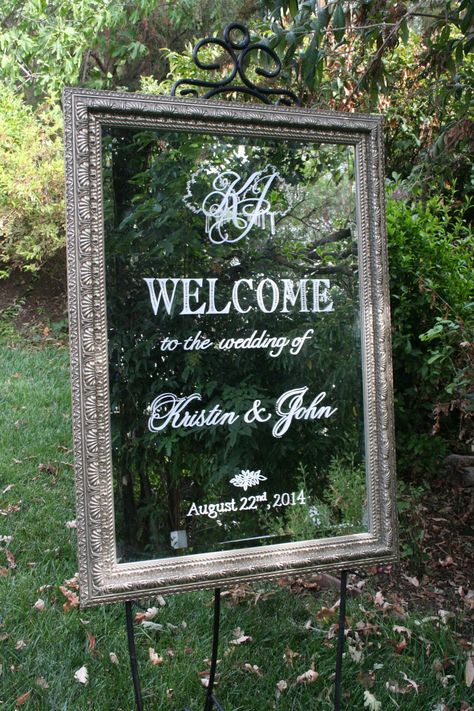 Parisian tall mirror wedding welcome with monogram and rows of trees detailing. Mirror Wedding Signs, Wedding Sign Decor, Mirror Wedding, Wedding Mirror, Gift Table Signs, Mirror Sign, Wedding Entrance, Mirror Painting, Unique Wedding Invitations