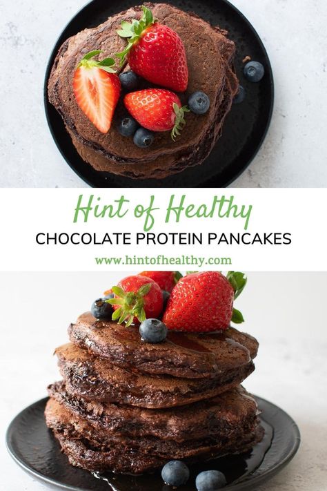 These delicious chocolate protein pancakes taste just like brownies! But despite tasting amazing, they are actually packed with nutrients, and really easy to make. Perfect as a healthy breakfast or dessert. Made with whey chocolate protein powder, cacao powder, rolled oats, bananas and eggs. Pea Protein Breakfast, Chocolate Protein Pancakes Healthy, High Protein Chocolate Pancakes, Best Chocolate Protein Powder, Breakfast Recipes With Protein Powder, Banana Chocolate Protein Pancakes, Shakeology Pancakes Chocolate, Quest Chocolate Protein Powder Recipes, Recipe With Chocolate Protein Powder