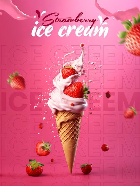 Strawberry ice cream cones social media ... | Premium Psd #Freepik #psd #3d-post #mockup-post #instagram-post #social-template Social Media Posters Design, Ice Cream Ads Design, Ice Cream Social Media Design, Ice Cream Poster Advertising, Ice Cream Ads Creative, Ice Cream Creative Ads, Ice Cream Poster Design, Zen Resort, Ice Cream Ads