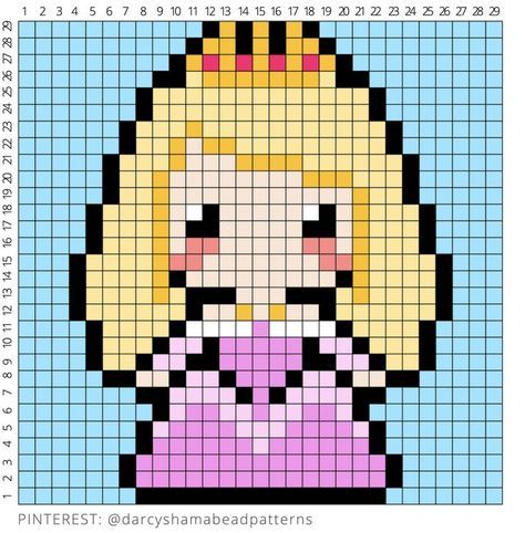 Pixel Art Pattern Princess, Aurora Cross Stitch, Perler Bead Patterns Princess, Pixel Art Pattern Disney Princesses, Pixel Crochet Disney, Disney Princess Pixel Art Grid, Sleeping Beauty Cross Stitch, Pixel Drawing Disney, Pixel Art Grid Disney