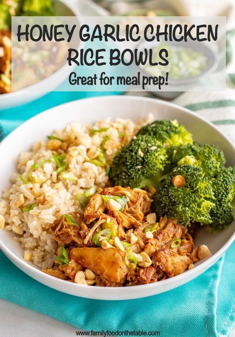 Honey garlic chicken rice bowls with brown rice and steamed broccoli are simple and full of flavor. Drizzle extra sauce over your entire plate and be ready to dig in! #chickendinner #ricebowl #grainbowl #healthychickenrecipes #mealprep Garlic Chicken Rice, Rice Bowls Healthy, Cauliflower Rice Easy, Bowls Recipes, Chicken And Brown Rice, Chicken Rice Bowls, Rice Bowls Recipes, Dinner Recipes Chicken, Steamed Broccoli