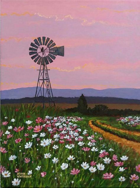 Windmill Painting Acrylic, Texas Landscape Paintings, Windpomp Art, Country Scenes Farms Landscapes, Windmill Drawing, Windmill Tattoo, Windmill Painting, Farm Windmill, Windmill Art