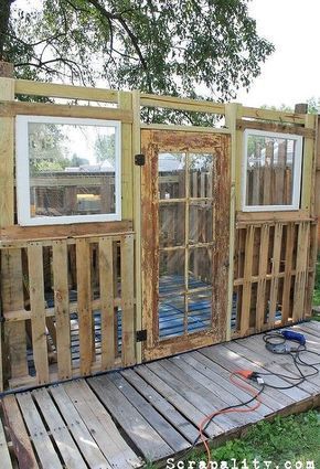 pallet garden shed potting old windows cans, diy, outdoor living, pallet, repurposing upcycling, roofing, woodworking projects Shed Inspiration, Pallet Building, Pallet Shed, Pallet House, Small Woodworking Projects, Pallet Outdoor, Pallet Garden, Diy Shed, Old Pallets