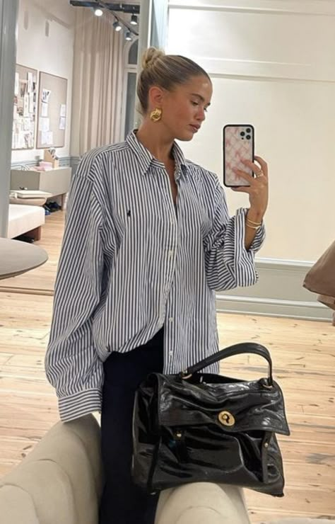 Polo Button Down Outfit Women, Spring Office Outfits Women 2024, Blue Pinstripe Button Up Outfit, Pinstripe Button Up Shirt Outfit, Mathilda Djerf Style, Chic Pinstripe Collared Shirt, Pinstripe Shirt Outfit, Matilda Djerf Oversized Shirt, Matilda Djerf Breezy Shirt