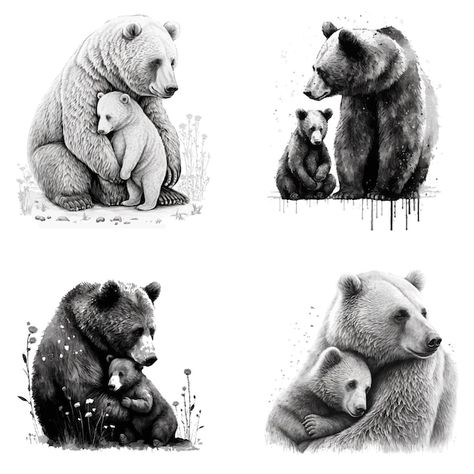 A drawing of a bear and a baby bear | Premium Vector #Freepik #vector #mom-logo #love-mom #mother-illustration #mother Bear And Cubs Drawing, Momma Bear Tattoo Cubs, Bear And Cub Tattoo Mothers, Mama Bear And Baby Bear Tattoo, Bear Floral Tattoo, Mom And Baby Animal Tattoo, Mama Bear Baby Bear Tattoo, Mamma Bear Tattoo, Mom Bear Tattoo