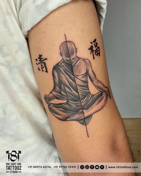 Amazing buddhist monk meditation tattoo. Nothing is more important than a healthy balance of heart and mind. These two things work together to make life meaningful, purposeful, and enjoyable. For consultation do visit www.181tattooz.com Or contact us on 8097462176 9773259491 #tattoo #monktattoo #meditating #permanenttattoostudionashik #meditatingmonk #nashiktattoos #tattoonashik #tattooinnashik #tattooshopinnashik #tattoostudioinnashik #besttattooshopnashik #besttattoostudionashik #profe Meditation Tattoo, Monk Meditation, Buddhist Monk, Healthy Balance, Heart And Mind, Tattoos And Piercings, Piercings, Meditation