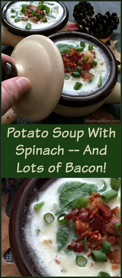 Potato Soup with Spinach -- And Lots of Bacon! Potato Bacon Kale Soup, Homemade Potato Bacon Soup, Creamy Bacon And Potato Soup, Leak Potato Bacon Soup, Creamy Potato Bacon Soup, Comfort Food Soup, Aldi Meals, Soup Potato, Recipe With Spinach