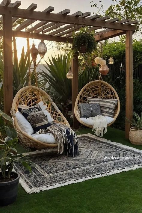 Hammock Chair Outdoor Patio, Boho Hammock Outdoor, Pergola Hanging Chair, Hanging Patio Chair, Hanging Outdoor Chair, Outdoor Hammock Area, Airbnb Outdoor Spaces, Adult Swings Backyard, Small Cozy Patio