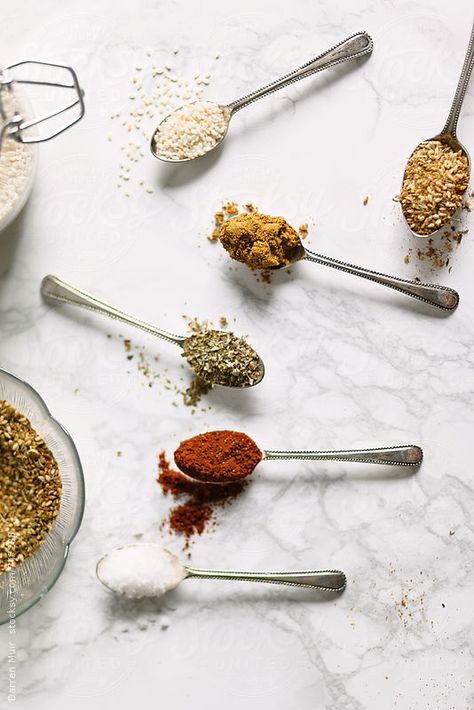 Various herbs and spices on spoons on white background.See from overhead. Spices Photography, Food Cartoon, How To Make Sandwich, Food Backgrounds, Marble Background, Super Bowl Food, Spices And Herbs, Herbs And Spices, Food Goals