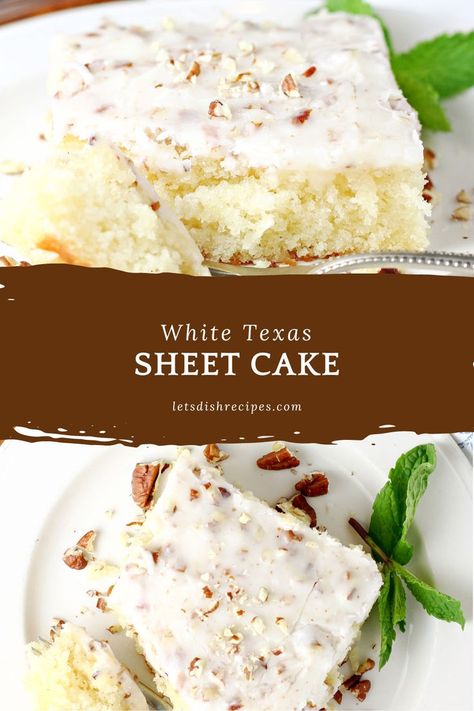 This variation on the classic sheet cake recipes features a moist white cake topped off with a delicious pecan studded frosting with a hint of almond extract. White Texas Sheet Cake, Banana Snack Cake, Potluck Favorites, Easy Bundt Cake Recipes, Moist White Cake, Texas Sheet Cake Recipe, Bundt Cake Recipes, Texas Sheet, Breakfast Bread Recipes