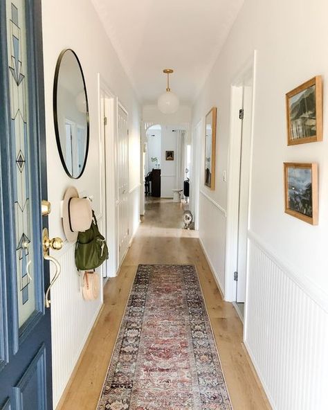 Beadboard Hallway, Dado Rail Hallway, Wallpaper And Beadboard, Chair Rails, Beadboard Wallpaper, Hallway Makeover, Mud Room Entry, Racing Track, Narrow Hallway Decorating