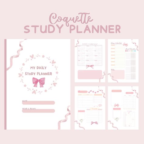 Embrace your inner coquette and conquer your day with this delightful pink study planner.  Designed for the playfully productive, it's the perfect blend of chic and functional, helping you boost your organization and productivity while adding a touch of flirty flair to your study space. 
.#CanvaTemplates #SocialMediaDesign #InstagramIdeas #PinterestTemplates #CreativeCanva Aesthetic Study Planner Template, Exam Journal, Printable Trackers Free, Exam Schedule Template, Notion Kpop, Coquette Schedule Template, Homework Planner Aesthetic, Study Planner Aesthetic, Planner Tracker Ideas