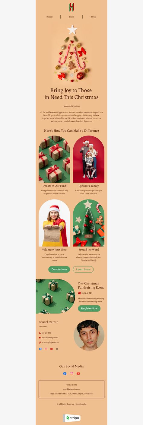 Christmas email template "Bring joy" for nonprofit industry. Create professional, responsive emails fast with no coding skills. Follow us on Pinterest for more inspiration and tips. 🤗 #christmas #newyear #stripoemail #emailnewsletter #emailtemplatedesign #emaildesigninspiration #emailmarketingdesign Christmas Email Design, Christmas Email, Christmas Newsletter, Nonprofit Marketing, Holiday Emails, Email Blast, Email Template Design, Responsive Email, Holiday Campaign