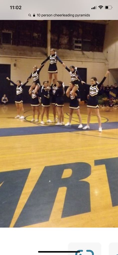 Cheer Stunts For Small Squads, Middle School Cheerleading Stunts, 10 Person Cheer Pyramid, Pee Wee Cheer Stunts, Beginner Stunts Cheerleading, Middle School Cheer Stunts, Flexibility Hacks, Middle School Cheer, Cheer Pyramids